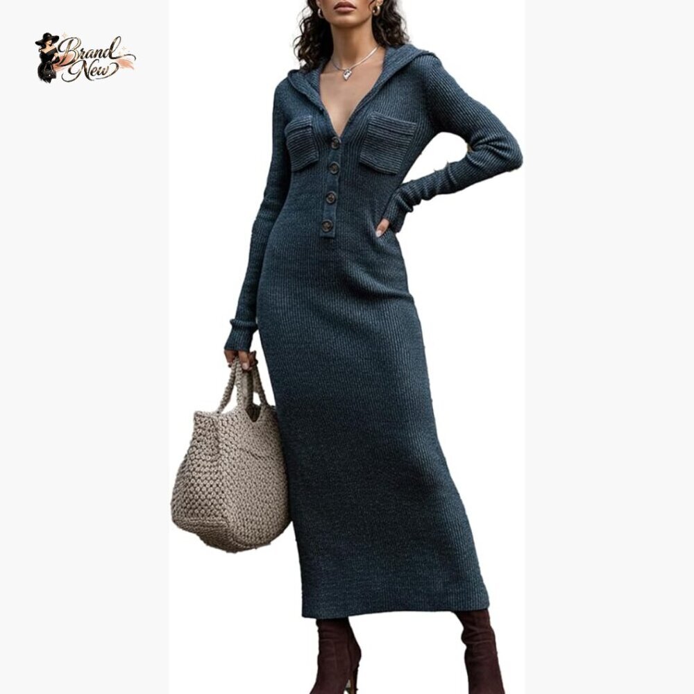 Slim-Fit Knit Maxi Sweater Dress with Hood, V-Neck, Buttons, Pockets